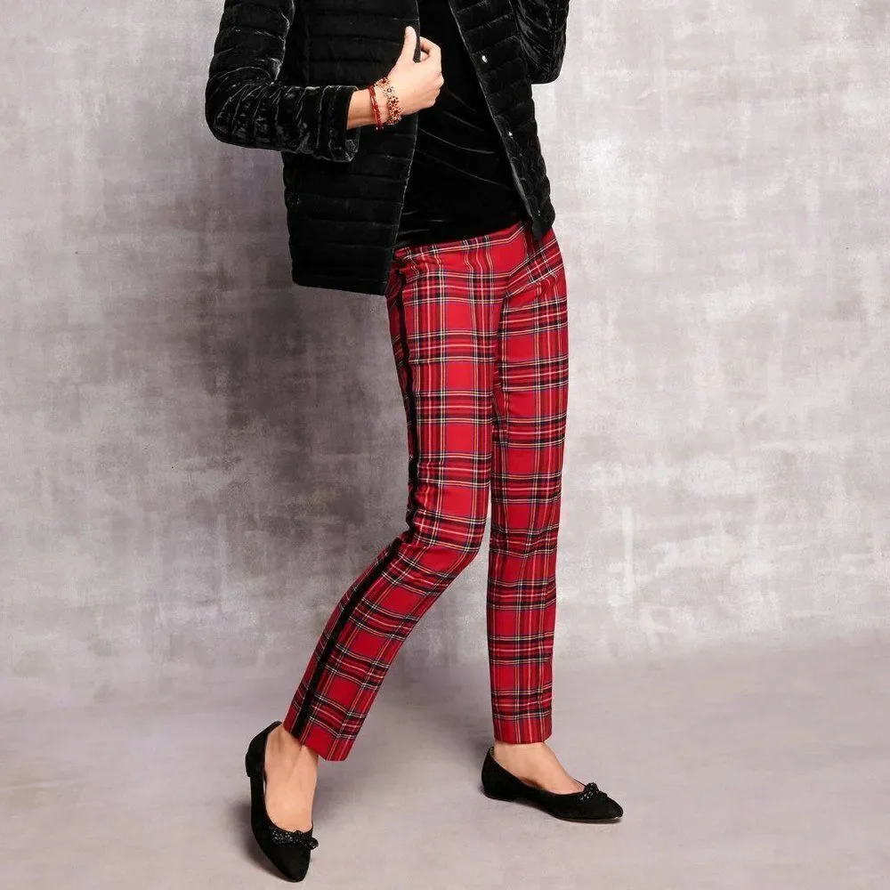 NWT Talbots Red Mountain Plaid Black Velvet Stripe Slim Ankle Pant Size 12P